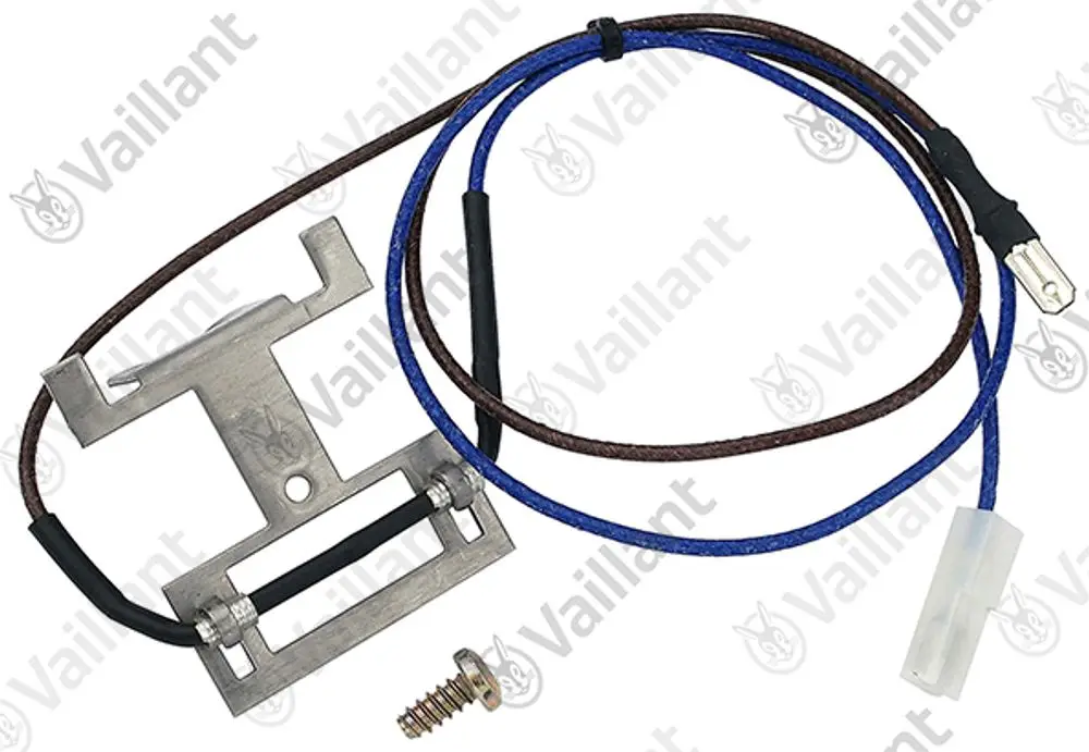 Vaillant Abgastemperaturwächter mit Metallhalterung und zwei Anschlussdrähten, einem Schraubenzubehör und einem elektrischen Anschlussstecker.
